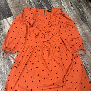 Chic Orange Polka Dot Mini Dress with Ruffle Neckline